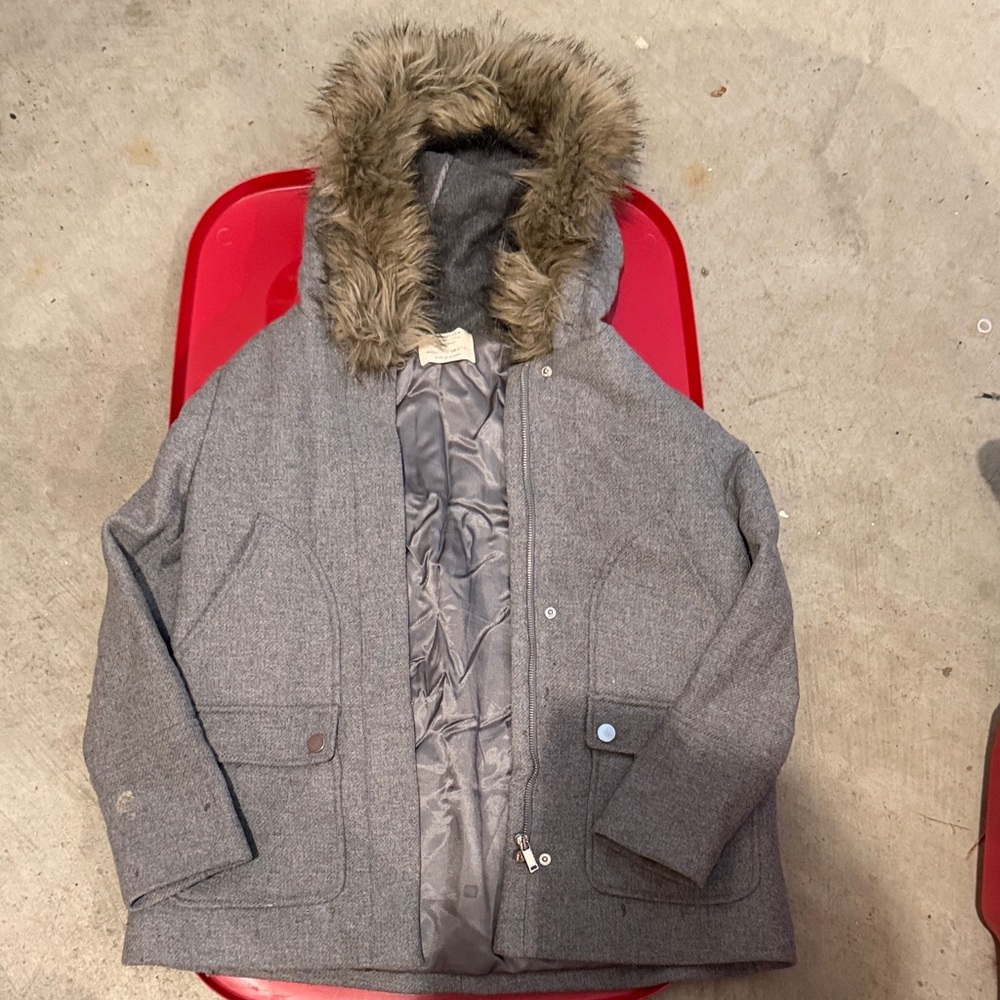 Zara Girlz Gray Hooded Coat with Faux Fur Trim